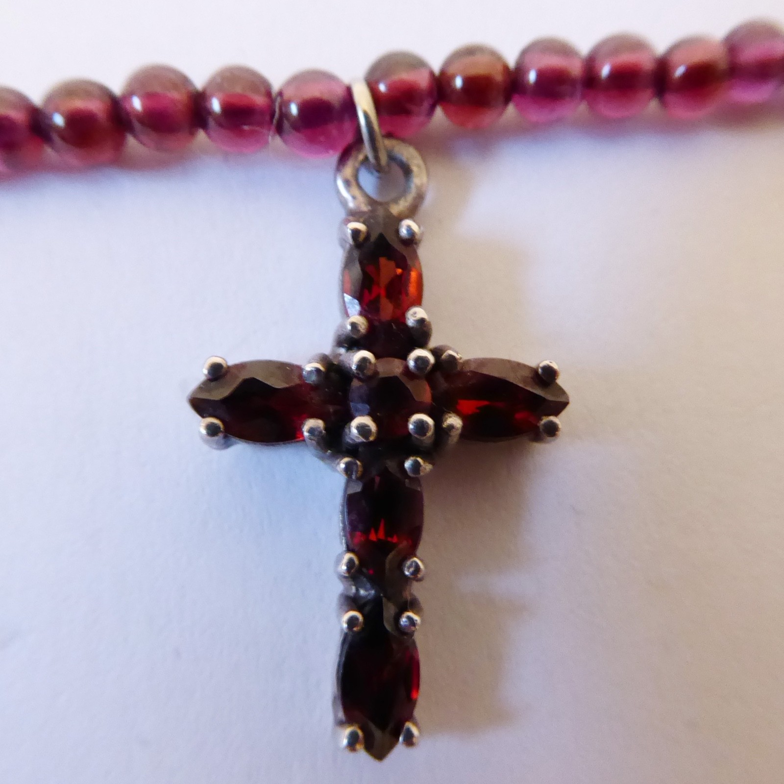 925 sterling silver & red faceted gemstone cross crucifix pendant, bead necklace - Image 2