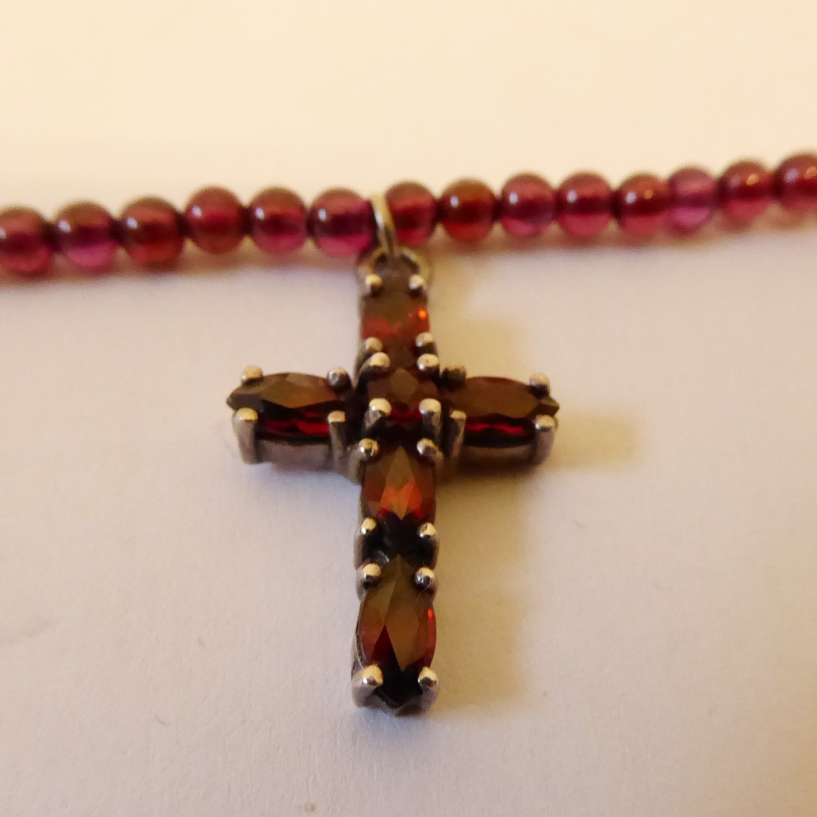 925 sterling silver & red faceted gemstone cross crucifix pendant, bead necklace - Image 3