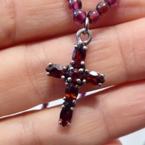925 sterling silver & red faceted gemstone cross crucifix pendant, bead necklace