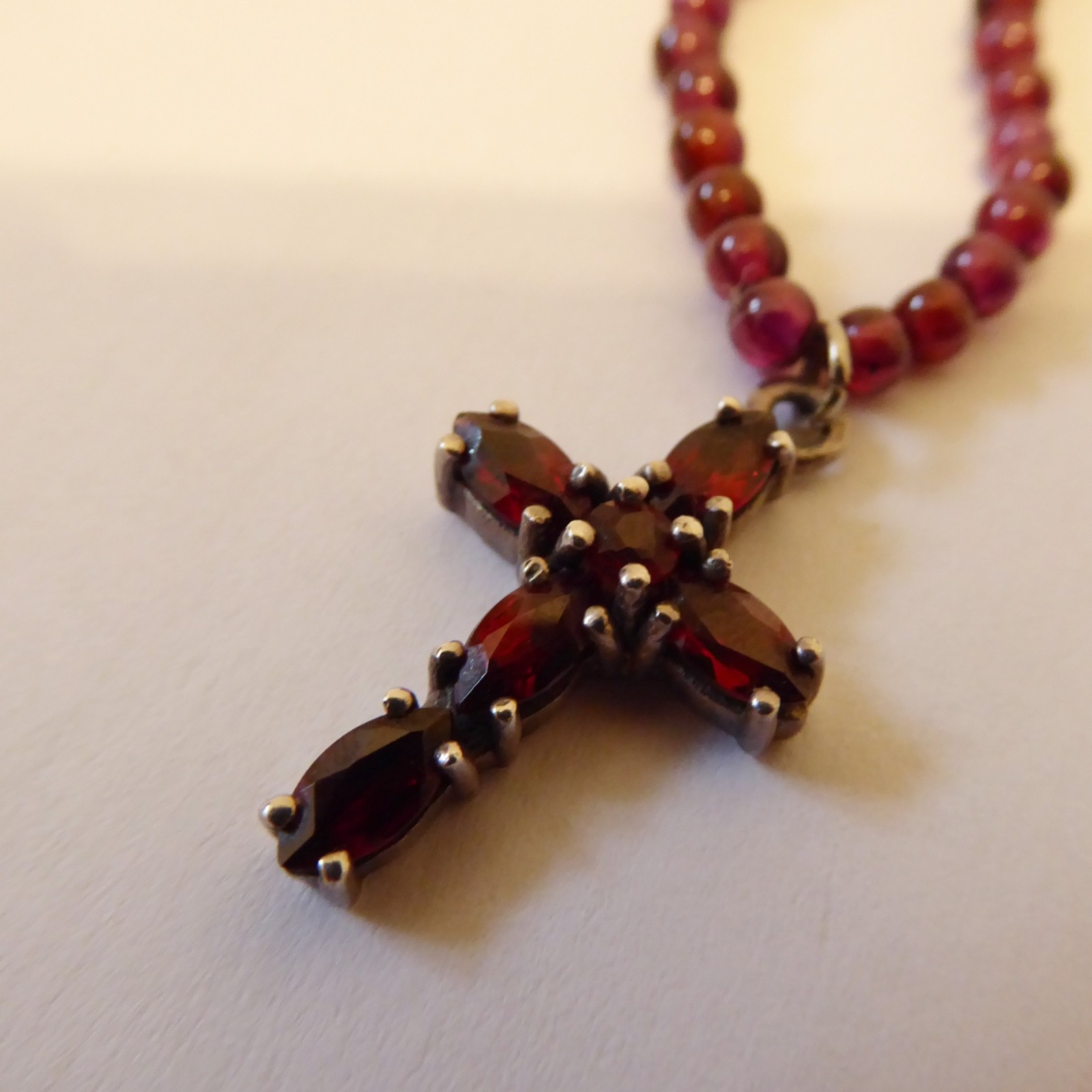 925 sterling silver & red faceted gemstone cross crucifix pendant, bead necklace - Image 4