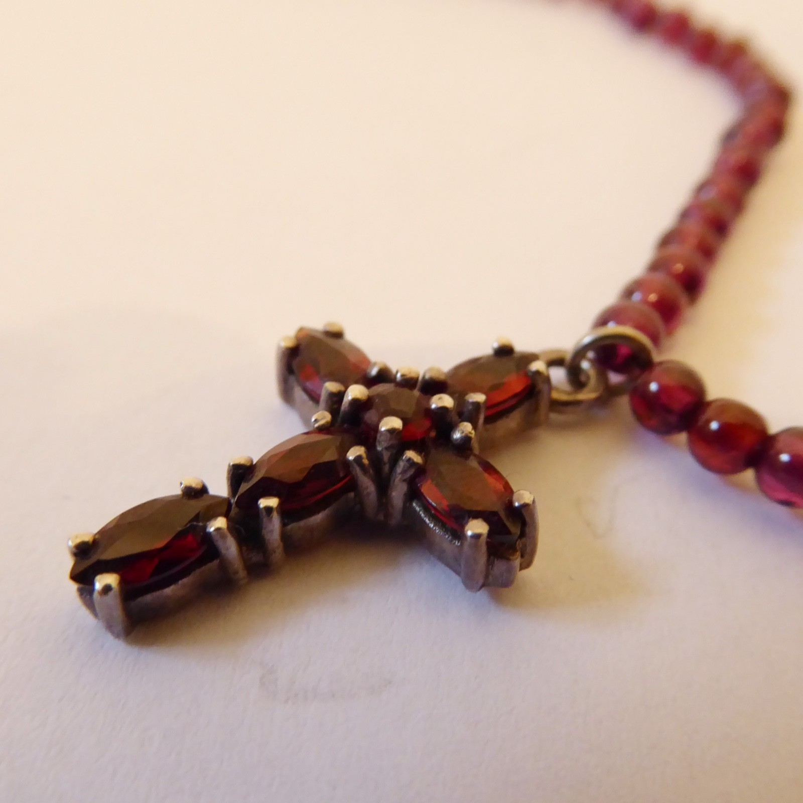 925 sterling silver & red faceted gemstone cross crucifix pendant, bead necklace - Image 5