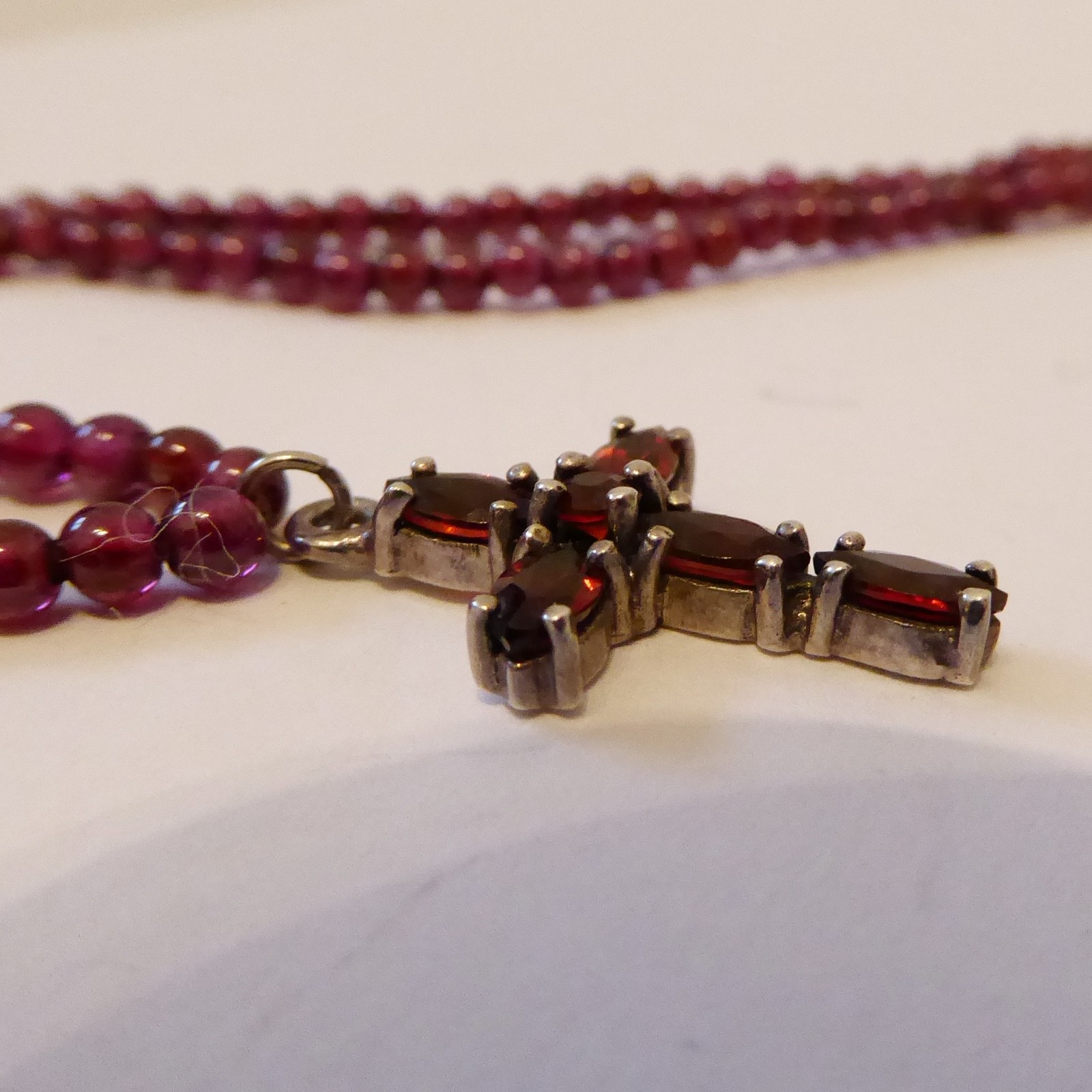 925 sterling silver & red faceted gemstone cross crucifix pendant, bead necklace - Image 6