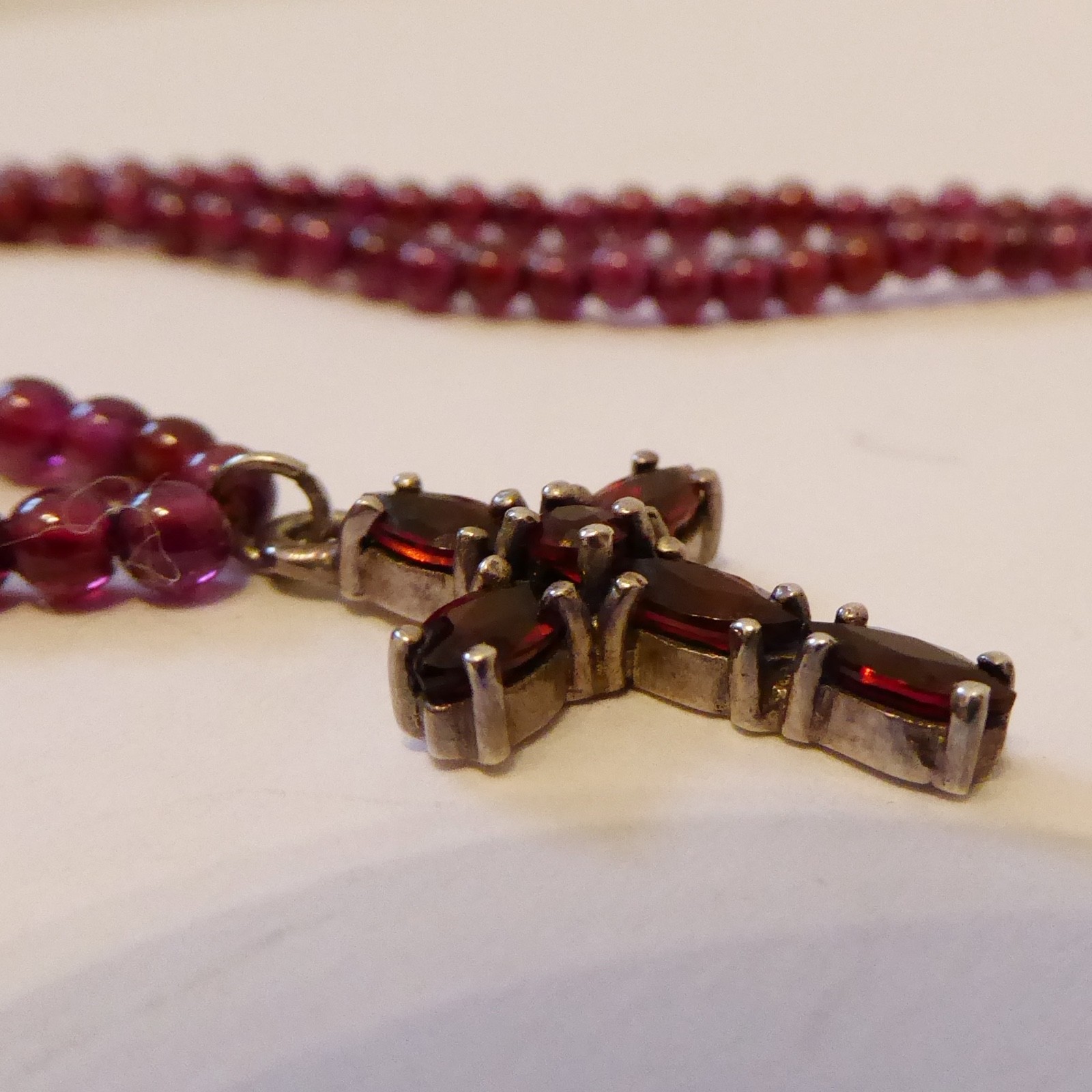 925 sterling silver & red faceted gemstone cross crucifix pendant, bead necklace - Image 7