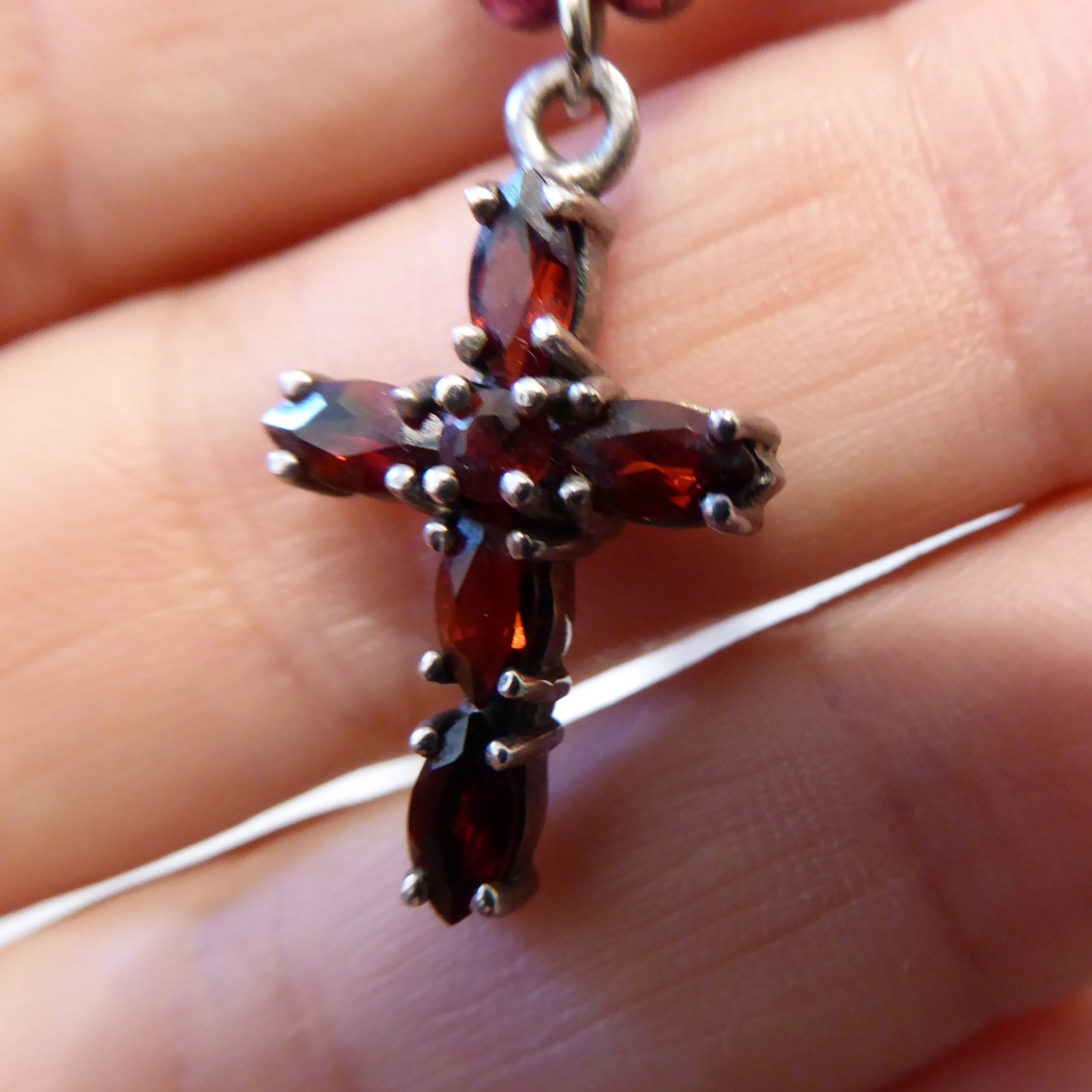 925 sterling silver & red faceted gemstone cross crucifix pendant, bead necklace - Image 8