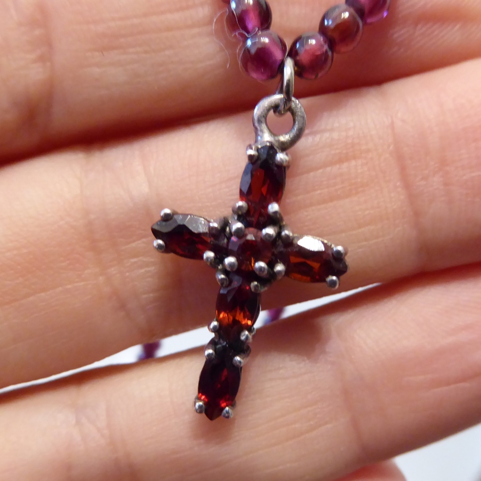 925 sterling silver & red faceted gemstone cross crucifix pendant, bead necklace