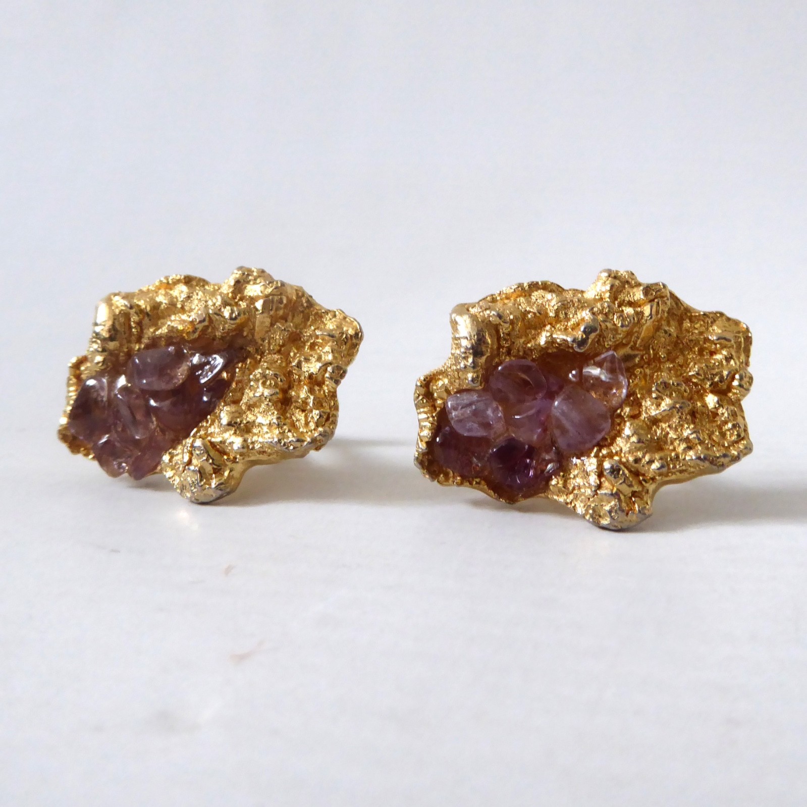 Brutalist gold tone & amethyst nugget cufflinks, large vintage 1960s 1970s retro - Image 13