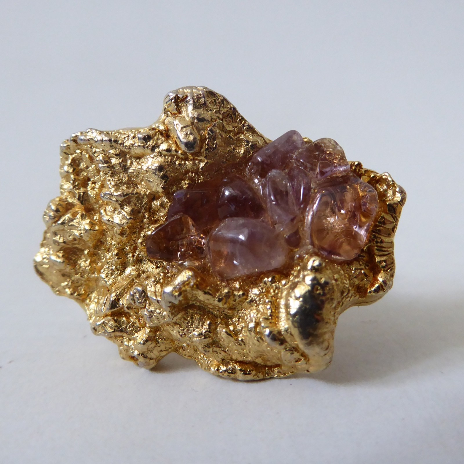 Brutalist gold tone & amethyst nugget cufflinks, large vintage 1960s 1970s retro - Image 7