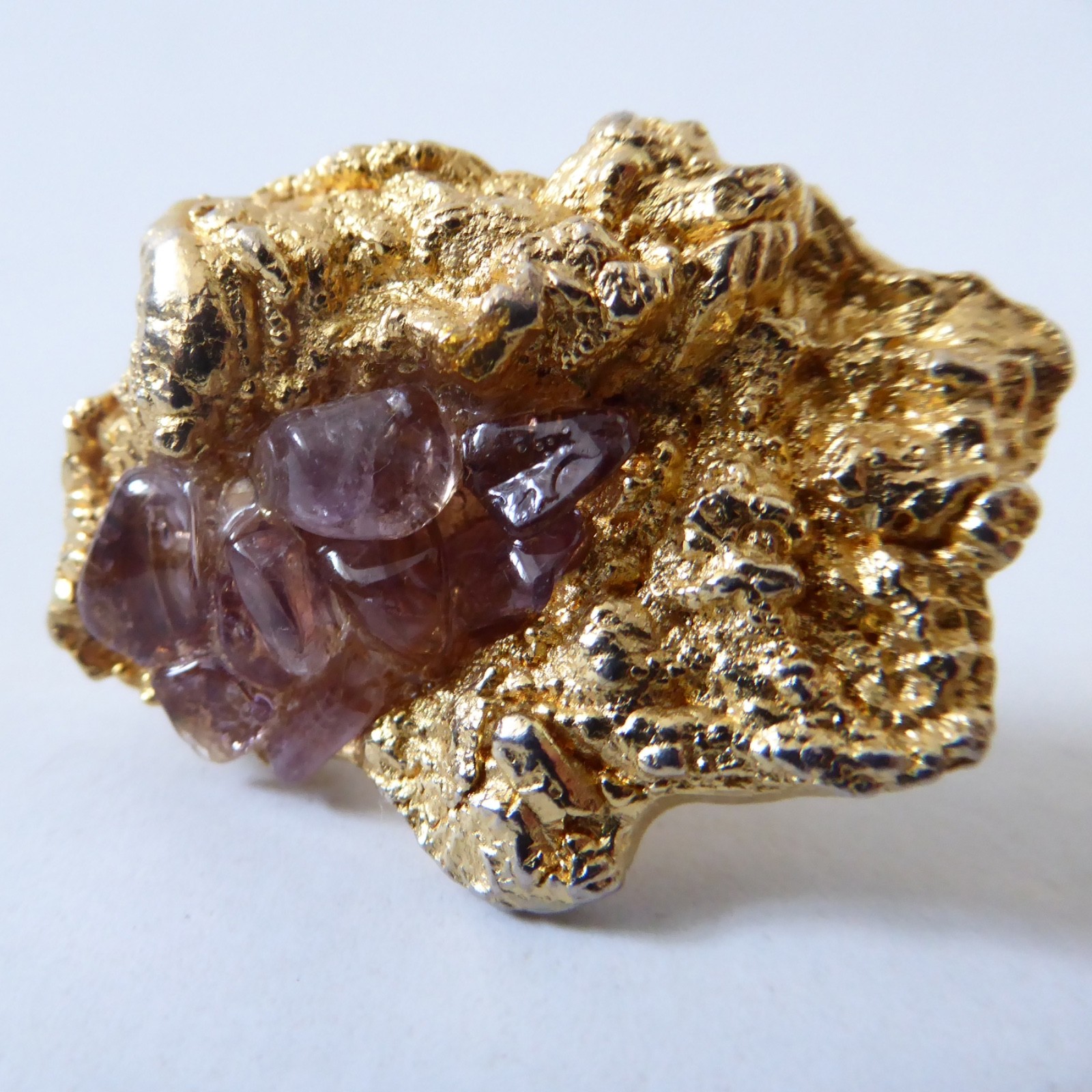 Brutalist gold tone & amethyst nugget cufflinks, large vintage 1960s 1970s retro - Image 9