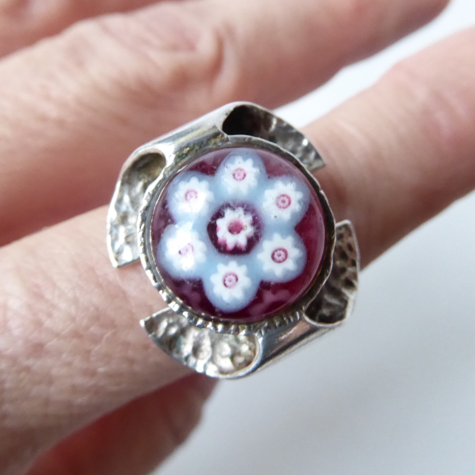 Caithness Glass millefiori silver ring. 1970s Sterling silver 925 brutalist bark - Image 12