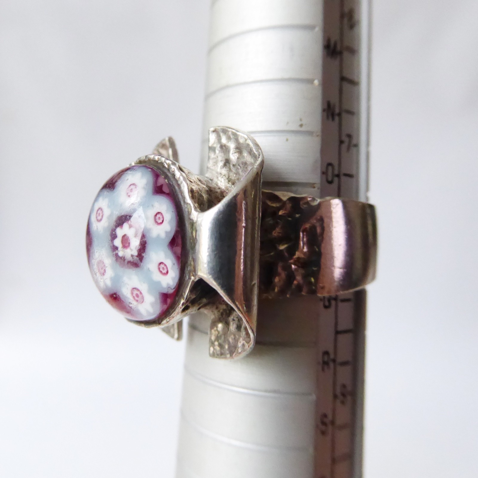 Caithness Glass millefiori silver ring. 1970s Sterling silver 925 brutalist bark - Image 14