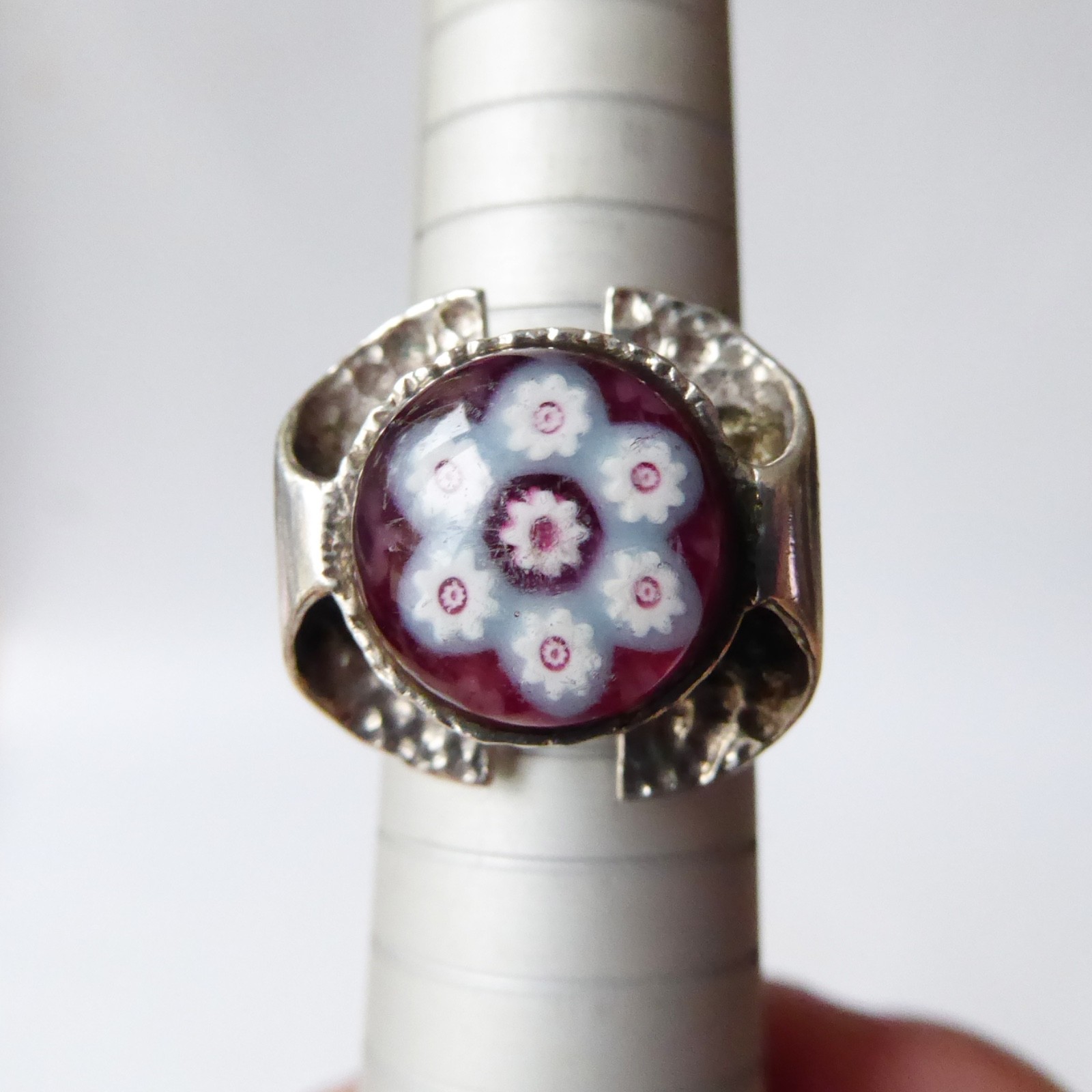 Caithness Glass millefiori silver ring. 1970s Sterling silver 925 brutalist bark - Image 15
