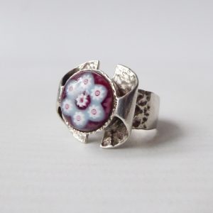 Caithness Glass millefiori silver ring. 1970s Sterling silver 925 brutalist bark