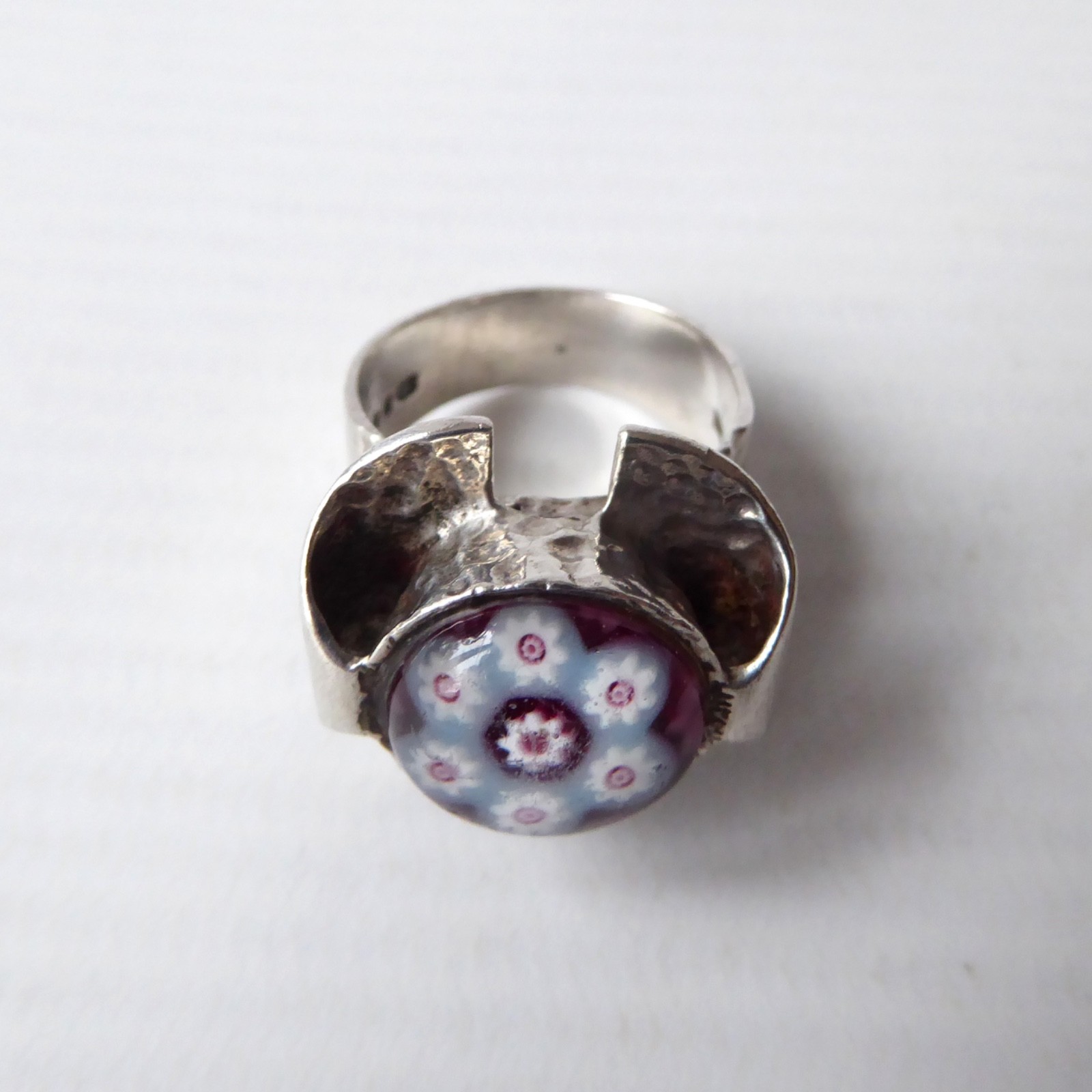 Caithness Glass millefiori silver ring. 1970s Sterling silver 925 brutalist bark - Image 6