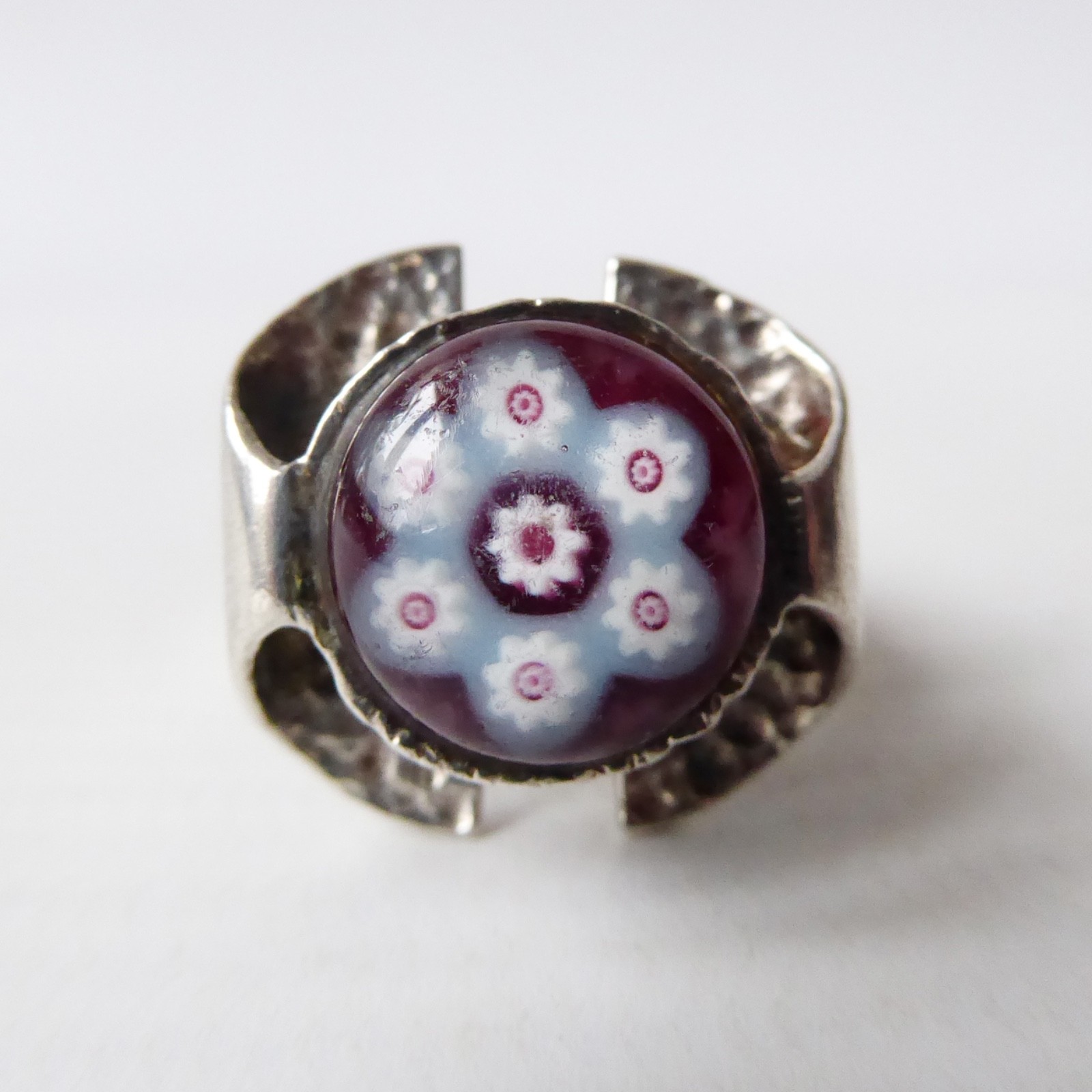 Caithness Glass millefiori silver ring. 1970s Sterling silver 925 brutalist bark - Image 7