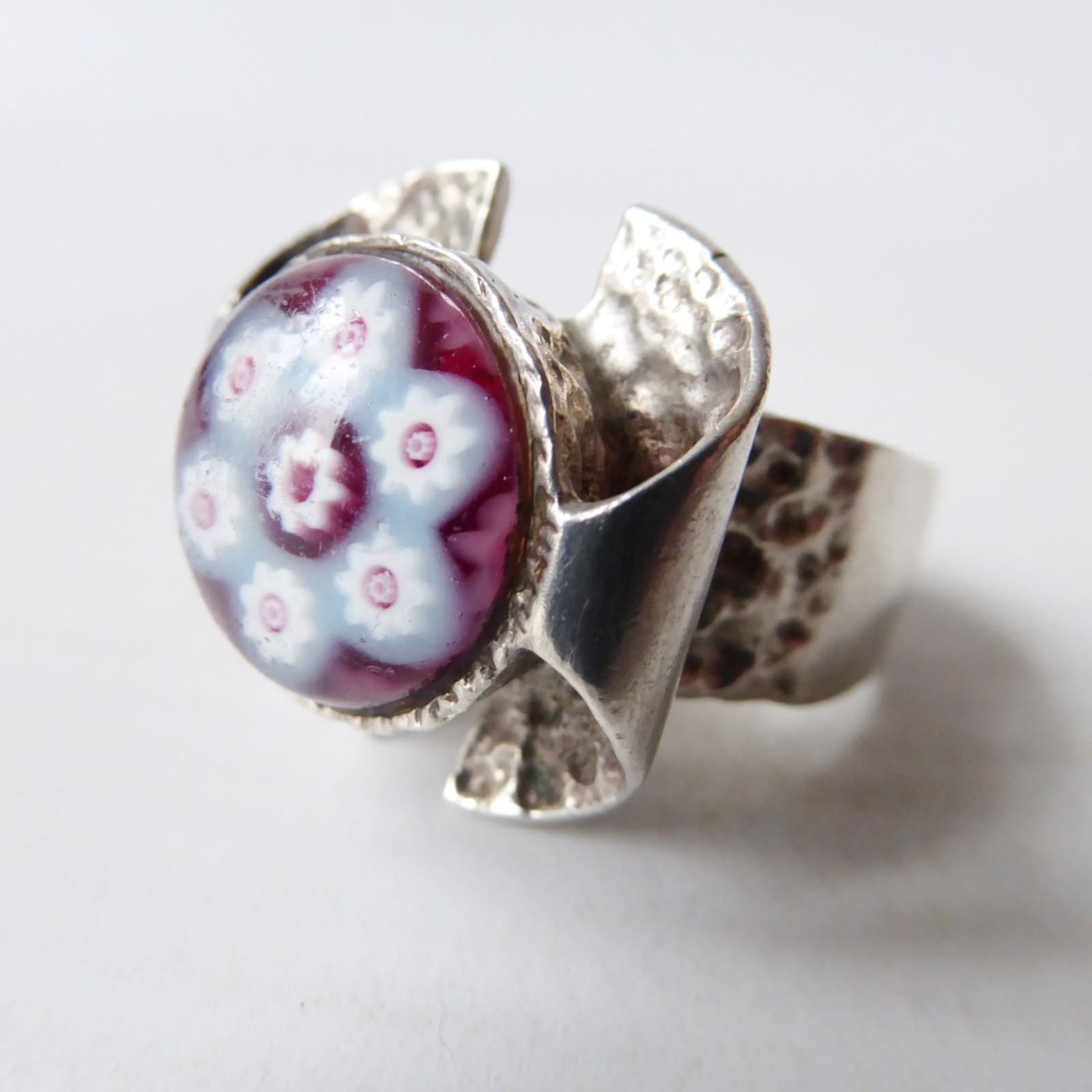 Caithness Glass millefiori silver ring. 1970s Sterling silver 925 brutalist bark - Image 8
