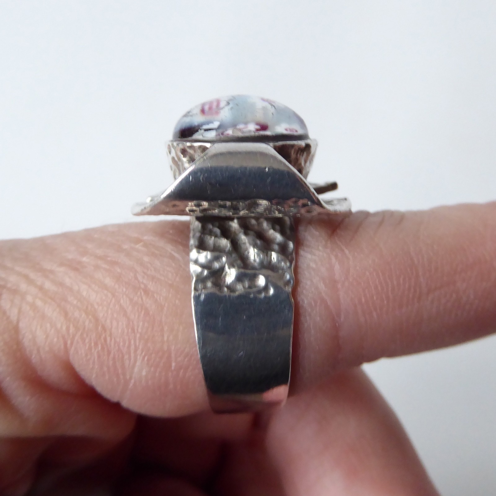 Caithness Glass millefiori silver ring. 1970s Sterling silver 925 brutalist bark - Image 10