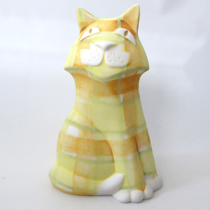 Dalton Pottery Scotland large ceramic cat figurine vase, yellow tartan. 1990s