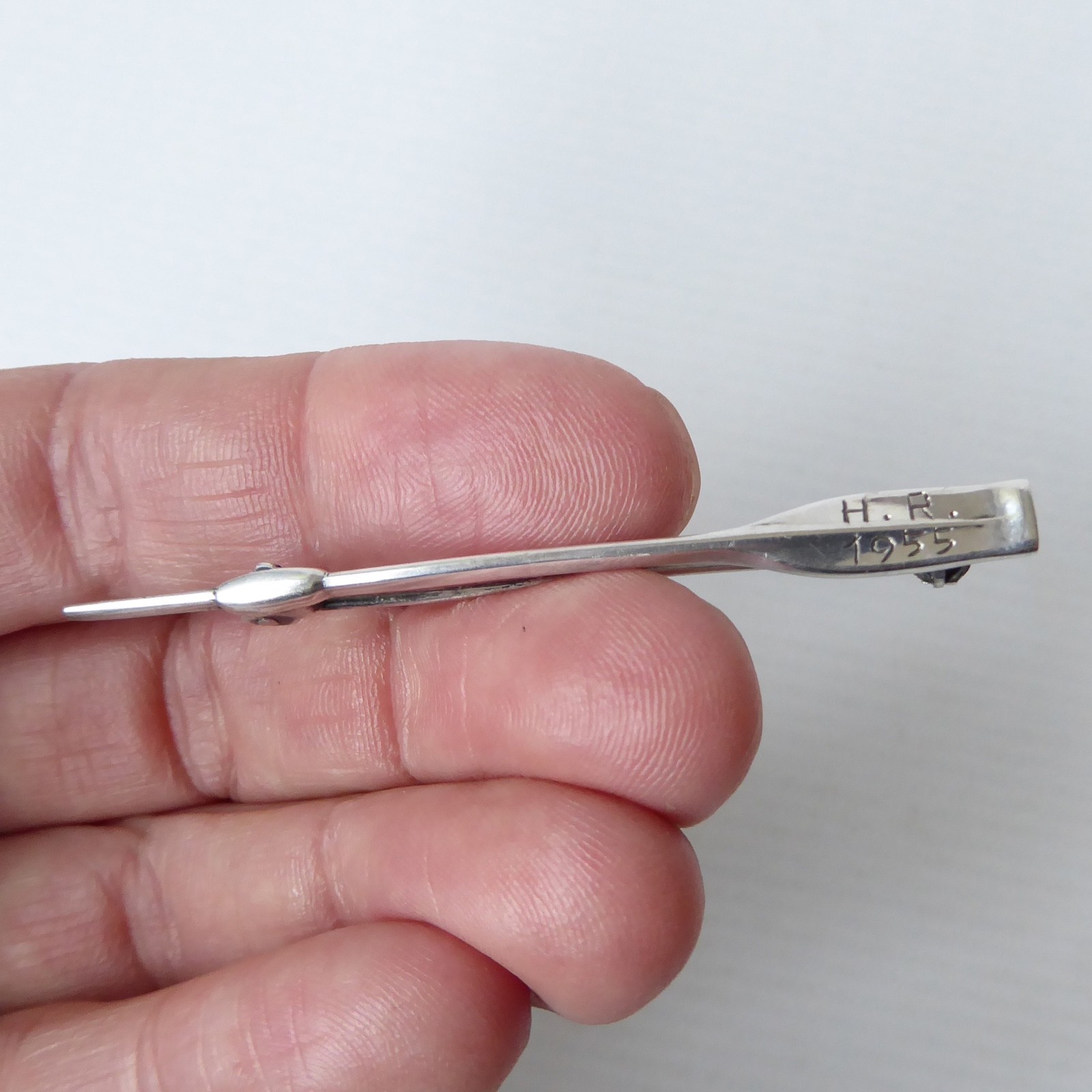 Danish Hans Jensen vintage 830S silver arrow oar bar pin brooch 1955 engraved HR - Image 7