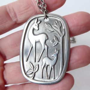 HS Hardanger Sylvplett Norway pewter deer pendant necklace, vintage 1960s 1970s