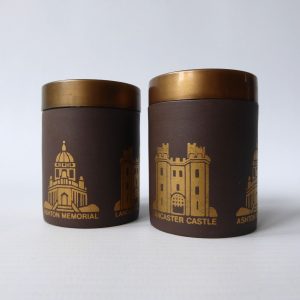 Hornsea salt & pepper pots, shakers. Lancaster castle, Ashton. Vitramic gold '76