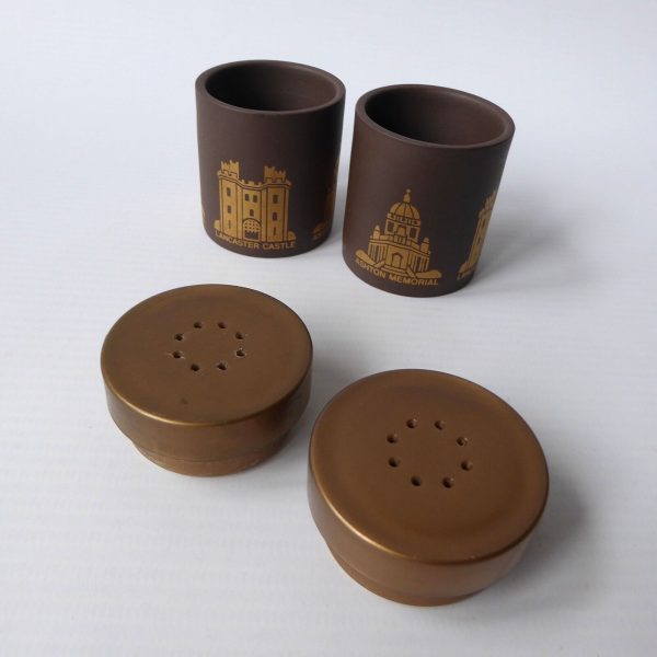 Hornsea salt & pepper pots, shakers. Lancaster castle, Ashton. Vitramic gold '76 - Image 6