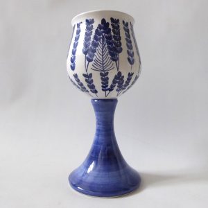 Iden Pottery Rye studio pottery wine goblet, blue flowers/wheat ceramic stemware