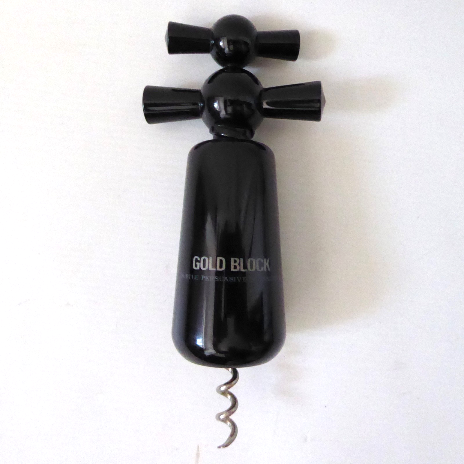 Imp retro acrylic corkscrew, black plastic, vintage 1970s 1980s 'Gold Block'