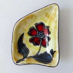 Italian mid century ceramic pin dish, leather backed. Red flower sgraffito retro