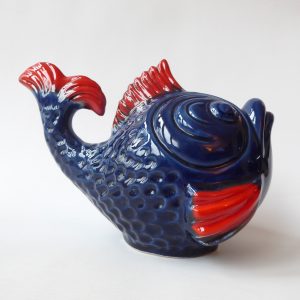 Jema Holland ceramic fish money box. Rare mid century retro piggy bank, blue red