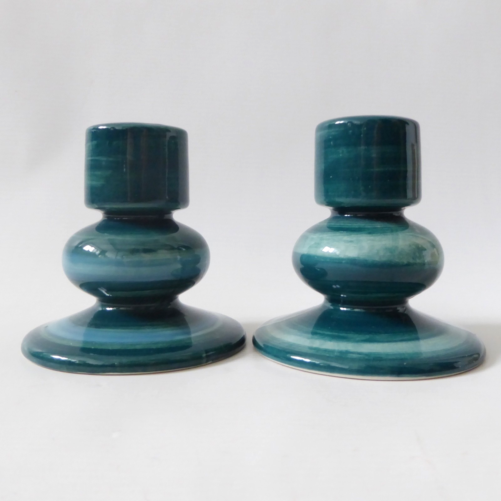 Jersey Pottery vintage pair candlesticks candle holders, teal blue green ceramic