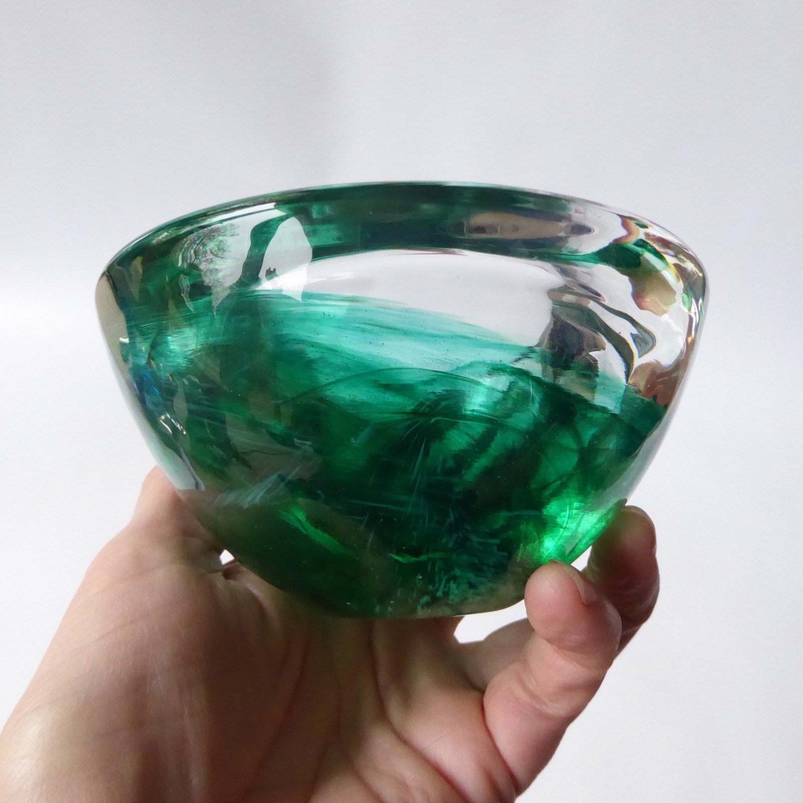 Kosta Boda art glass Atoll bowl, candle holder, Anna Ehrner, green swirl vintage - Image 11