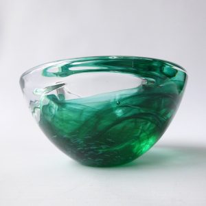Kosta Boda art glass Atoll bowl, candle holder, Anna Ehrner, green swirl vintage