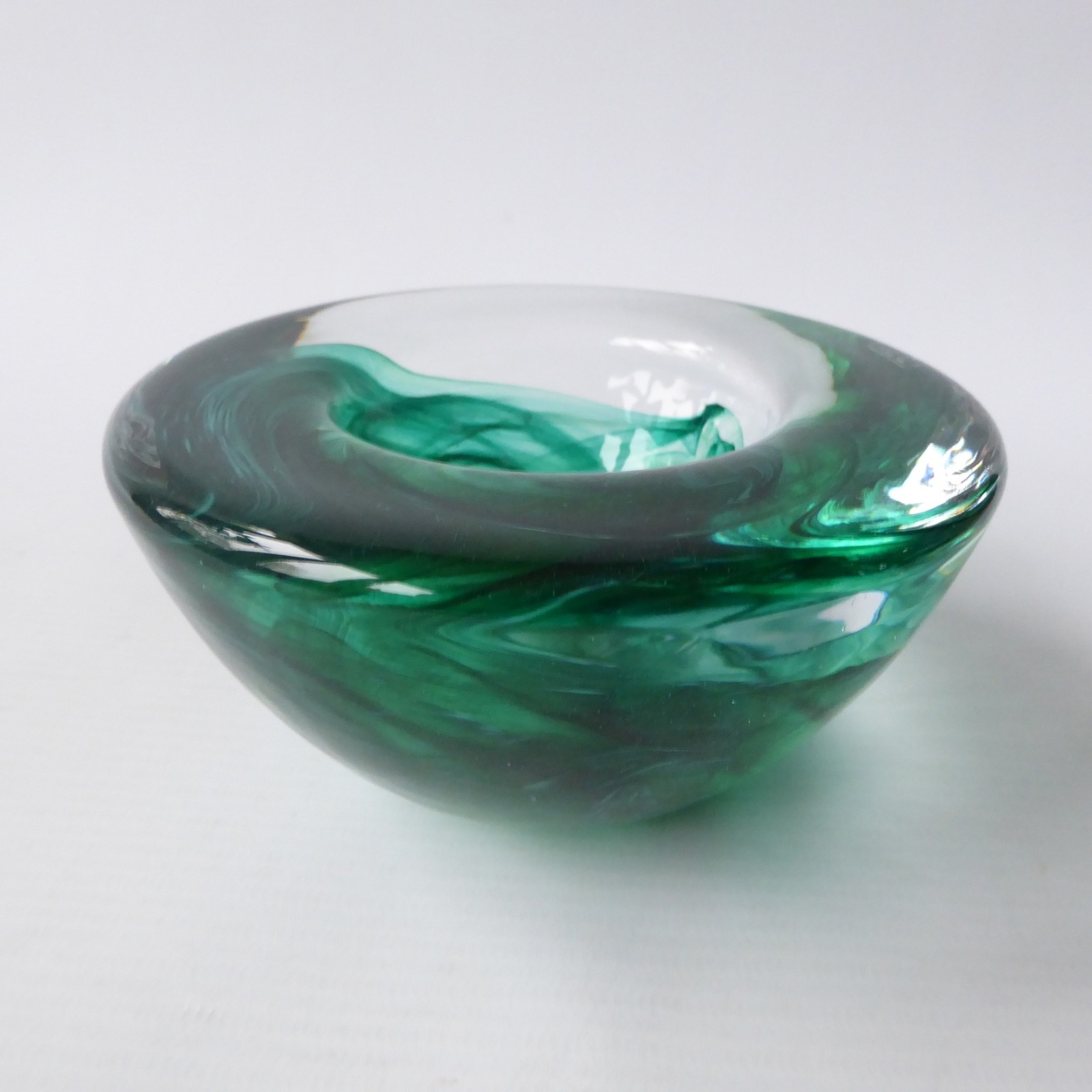 Kosta Boda art glass Atoll bowl, candle holder, Anna Ehrner, green swirl vintage - Image 6