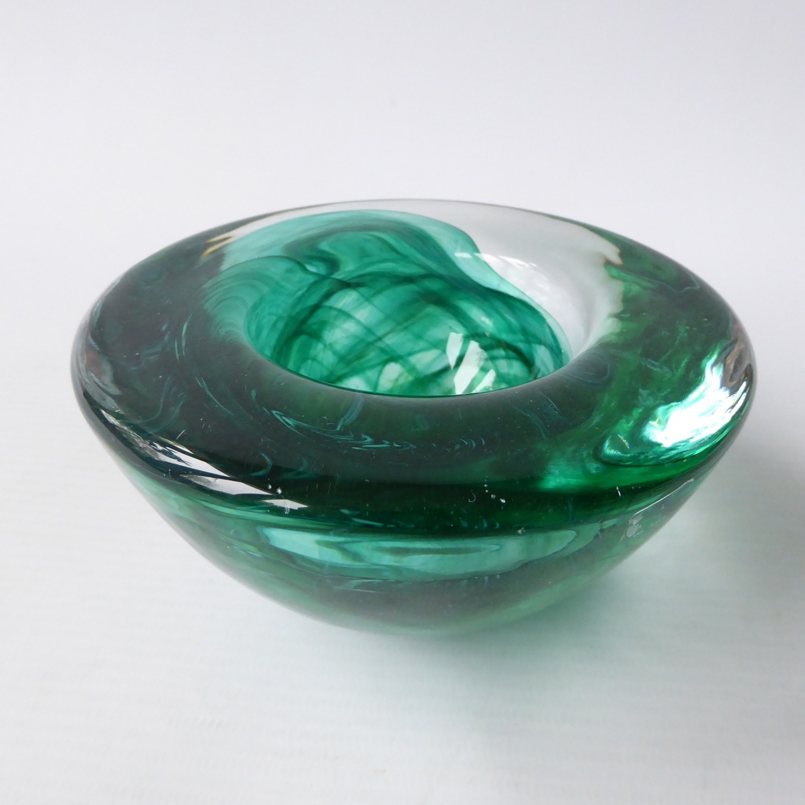 Kosta Boda art glass Atoll bowl, candle holder, Anna Ehrner, green swirl vintage - Image 7