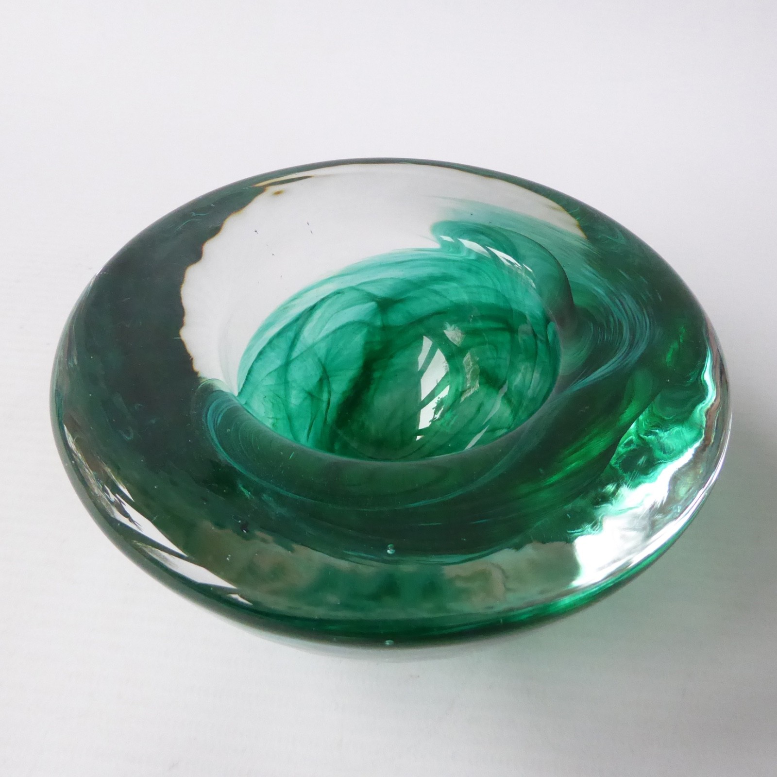 Kosta Boda art glass Atoll bowl, candle holder, Anna Ehrner, green swirl vintage - Image 8