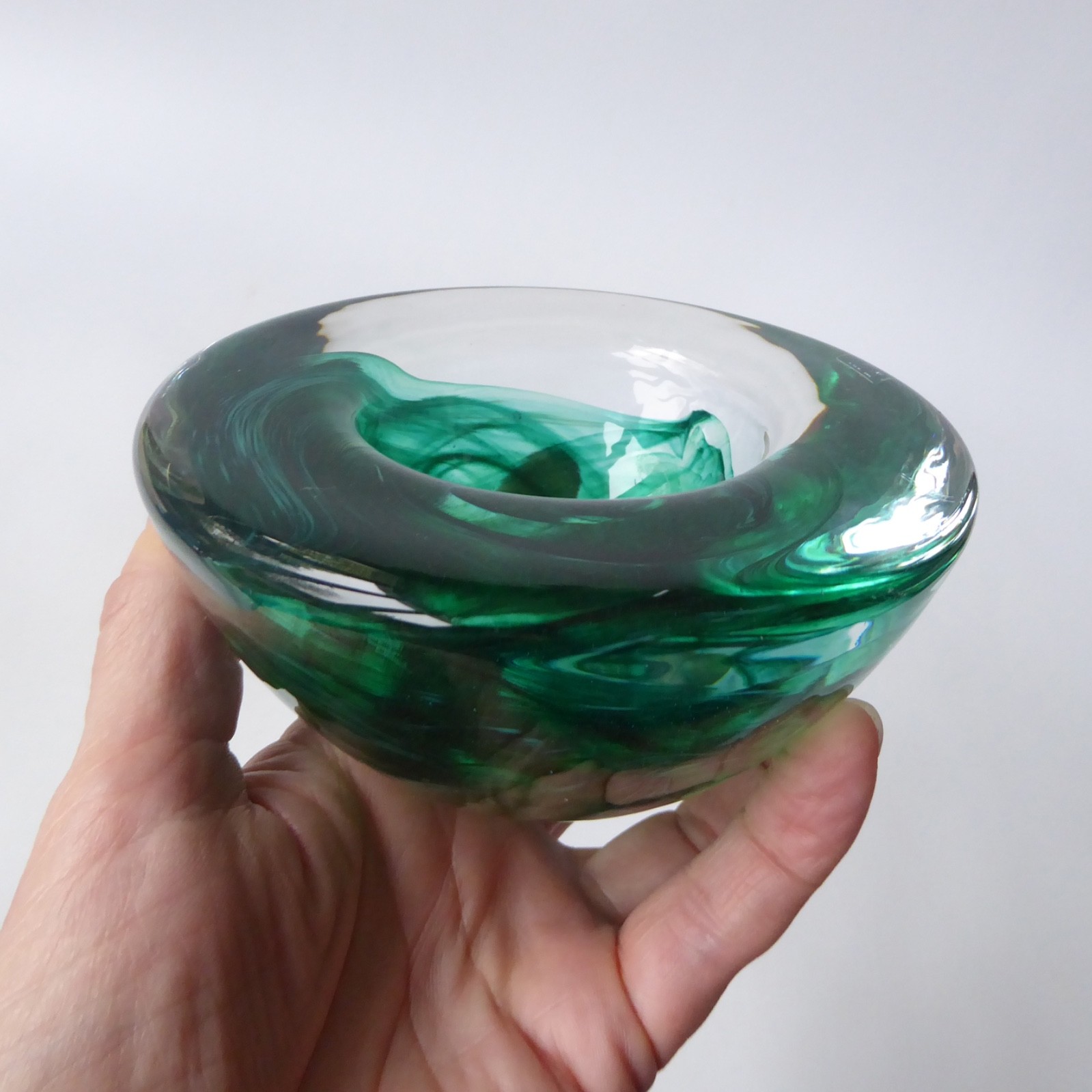 Kosta Boda art glass Atoll bowl, candle holder, Anna Ehrner, green swirl vintage - Image 9