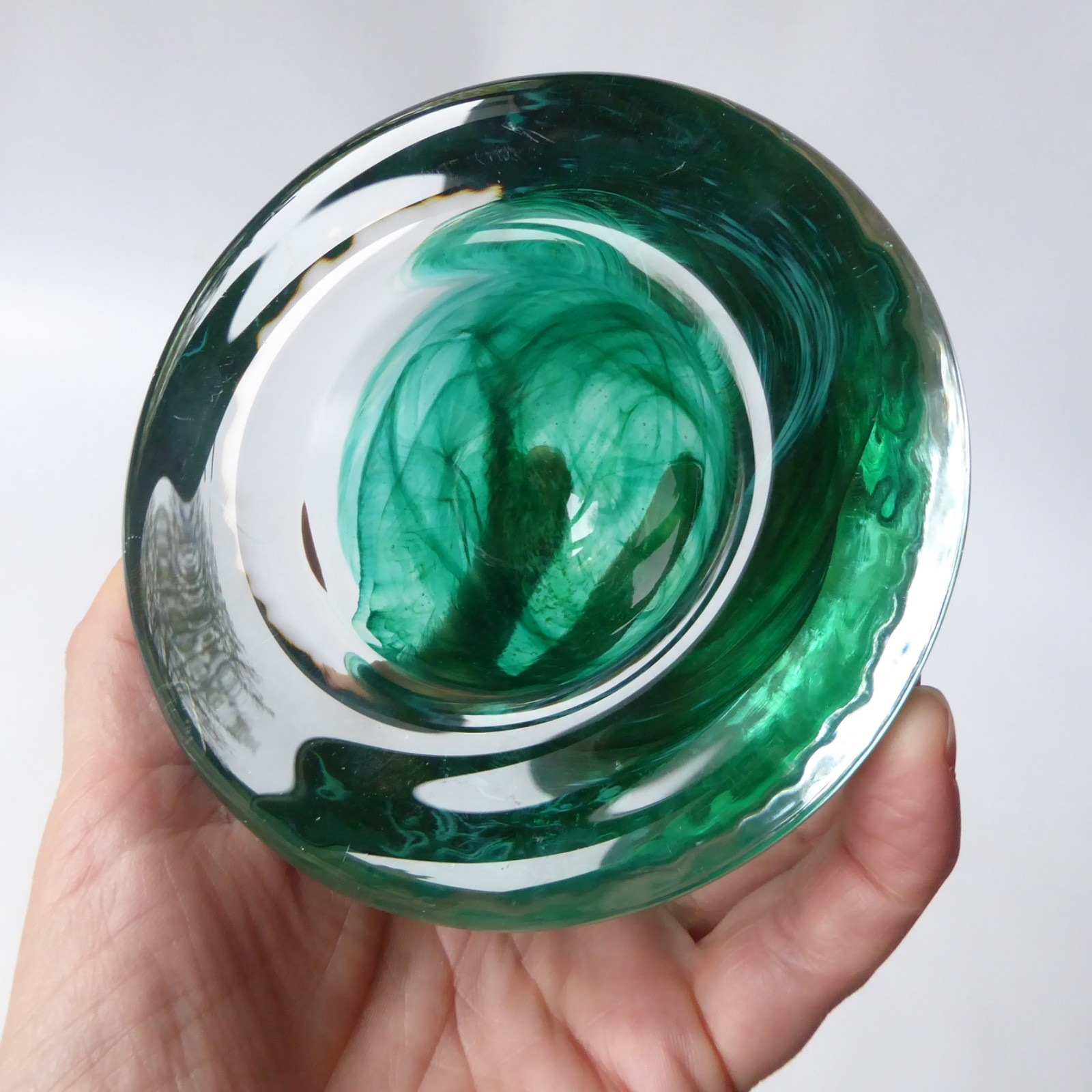 Kosta Boda art glass Atoll bowl, candle holder, Anna Ehrner, green swirl vintage - Image 10