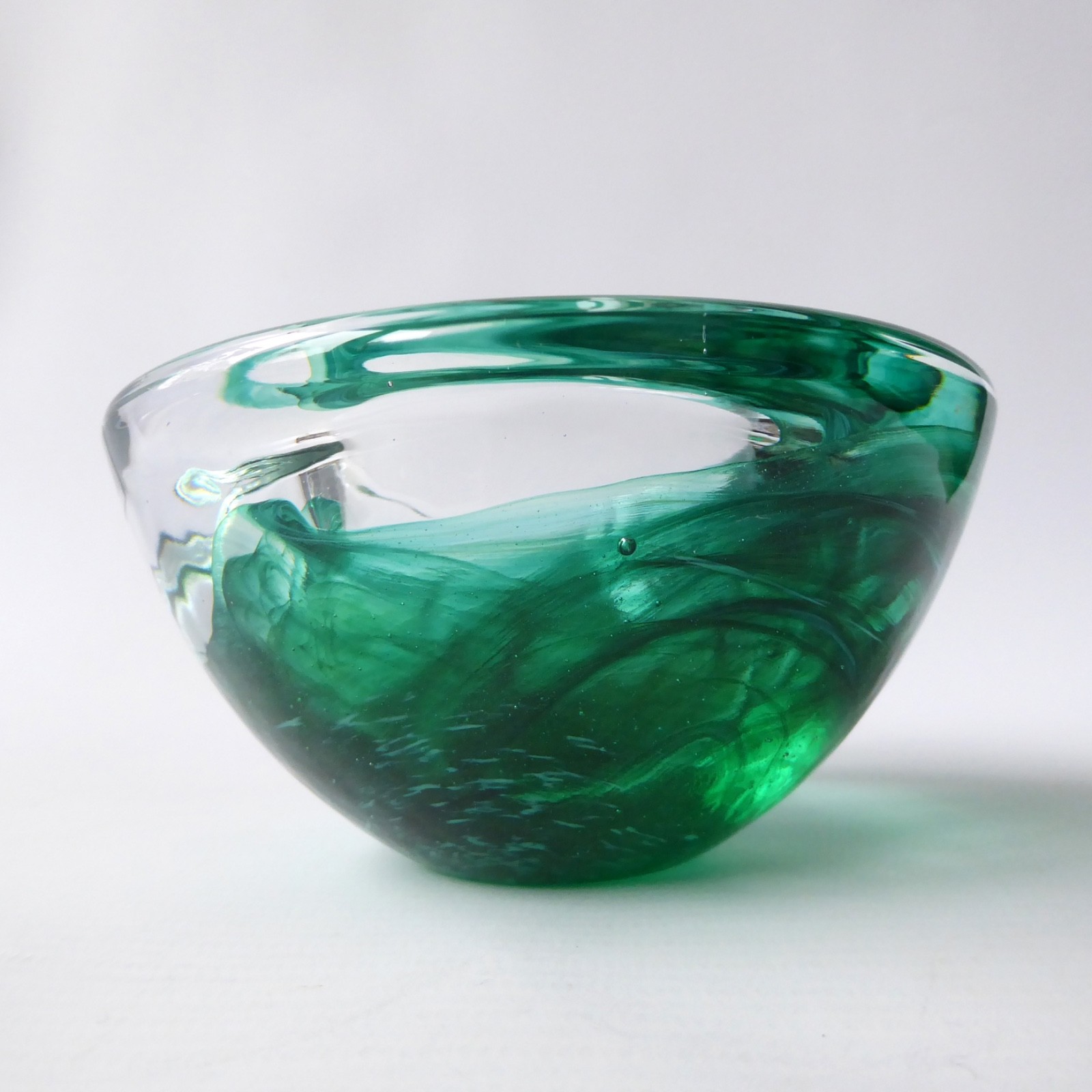 Kosta Boda art glass Atoll bowl, candle holder, Anna Ehrner, green swirl vintage