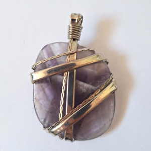 Large silver tone wrapped flat 6cm amethyst stone pendant for necklace. Vintage