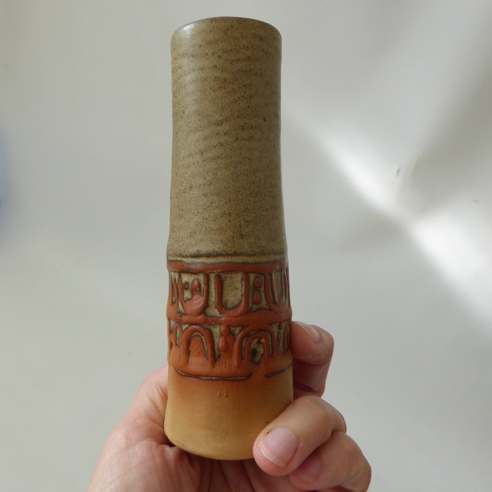 Louis Hudson 6" studio pottery vase, handmade slab built clay cylinder, chimney - Image 8