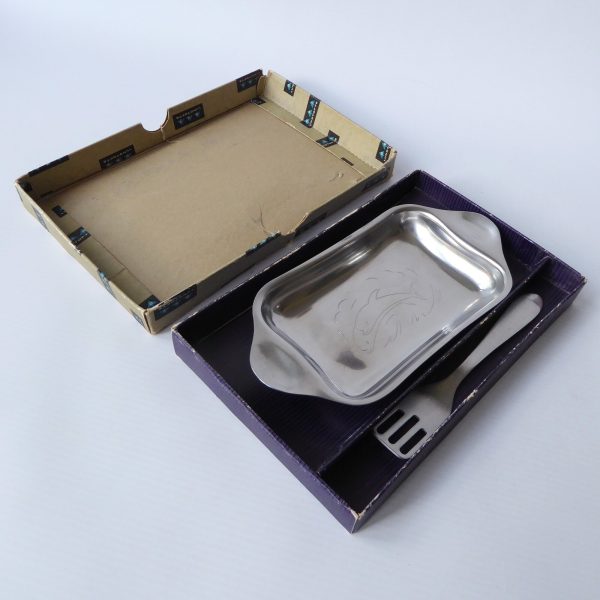 Lundofte DKF vintage retro 1960s Danish stainless steel herring fish dish + fork - Image 3