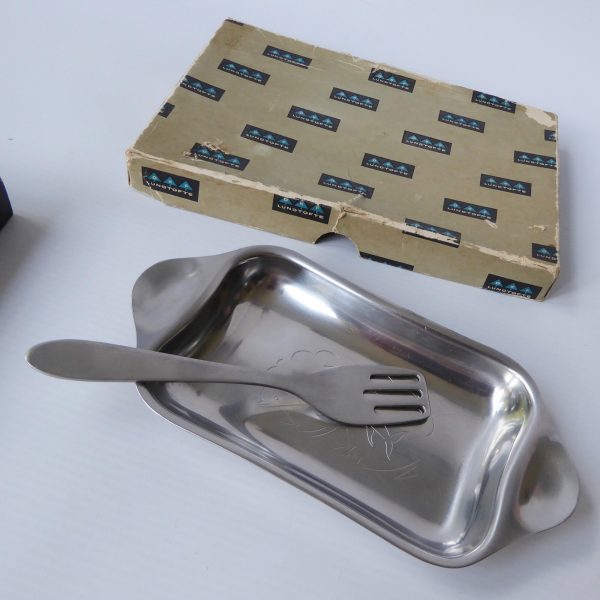 Lundofte DKF vintage retro 1960s Danish stainless steel herring fish dish + fork - Image 4