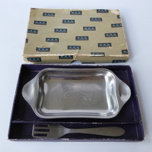 Lundofte DKF vintage retro 1960s Danish stainless steel herring fish dish + fork
