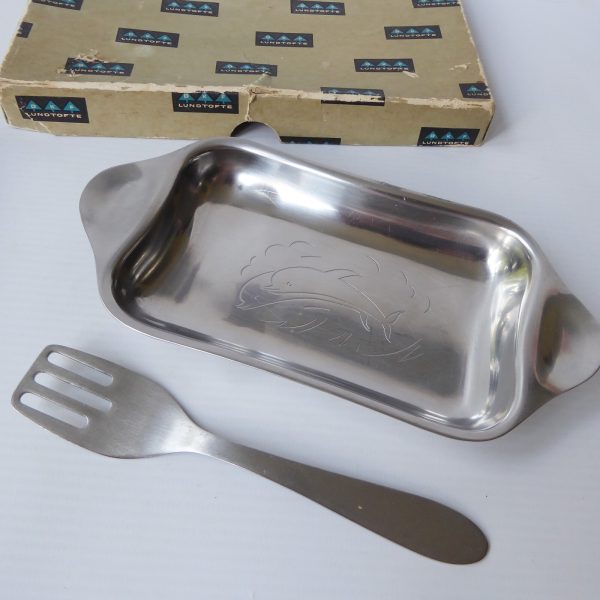 Lundofte DKF vintage retro 1960s Danish stainless steel herring fish dish + fork - Image 5