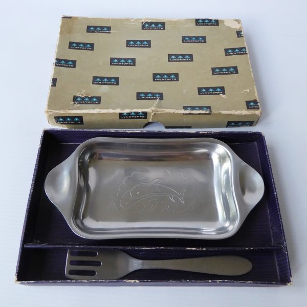 Lundofte DKF vintage retro 1960s Danish stainless steel herring fish dish + fork