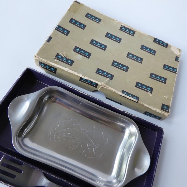 Lundofte DKF vintage retro 1960s Danish stainless steel herring fish dish + fork - Image 8