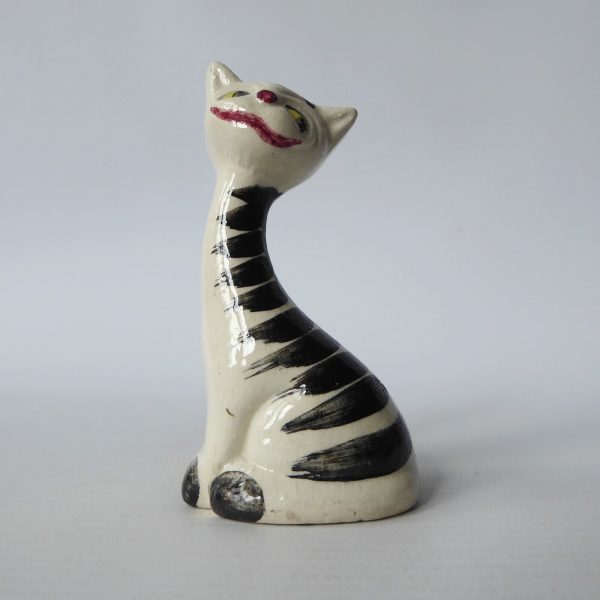 Mid century 1963 cheshire cat, vintage pottery ceramic striped figurine statue - Image 3