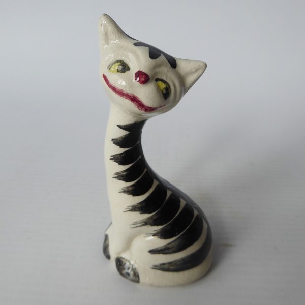 Mid century 1963 cheshire cat, vintage pottery ceramic striped figurine statue - Image 4