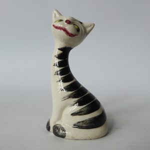 Mid century 1963 cheshire cat, vintage pottery ceramic striped figurine statue