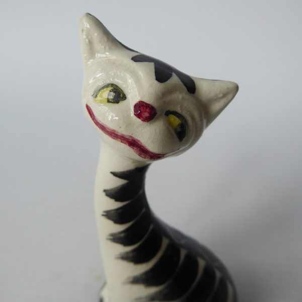 Mid century 1963 cheshire cat, vintage pottery ceramic striped figurine statue - Image 5